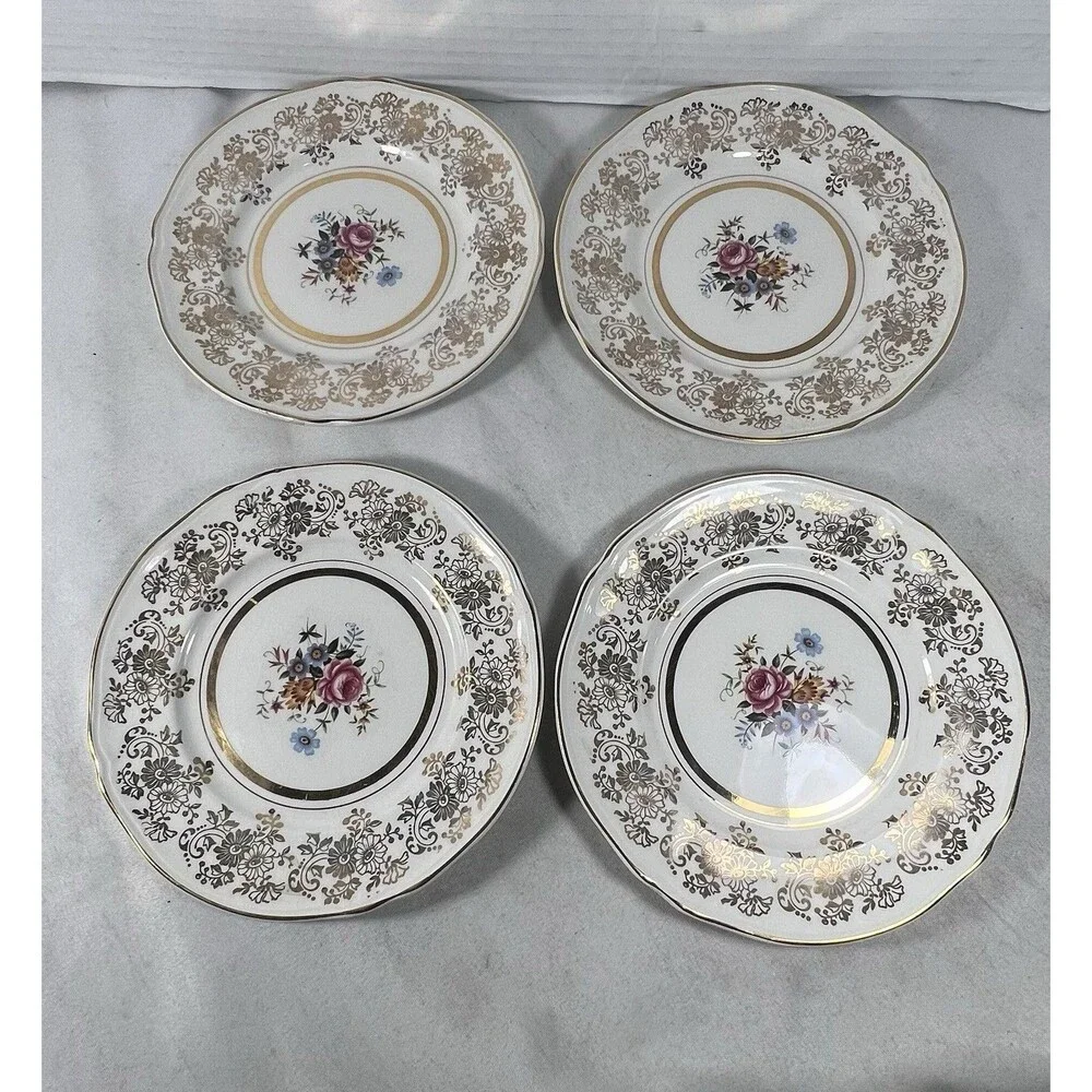 Vintage Alfred Meakin Golden Posy Dessert Plates 6.5” Set of 4 22K Gold England